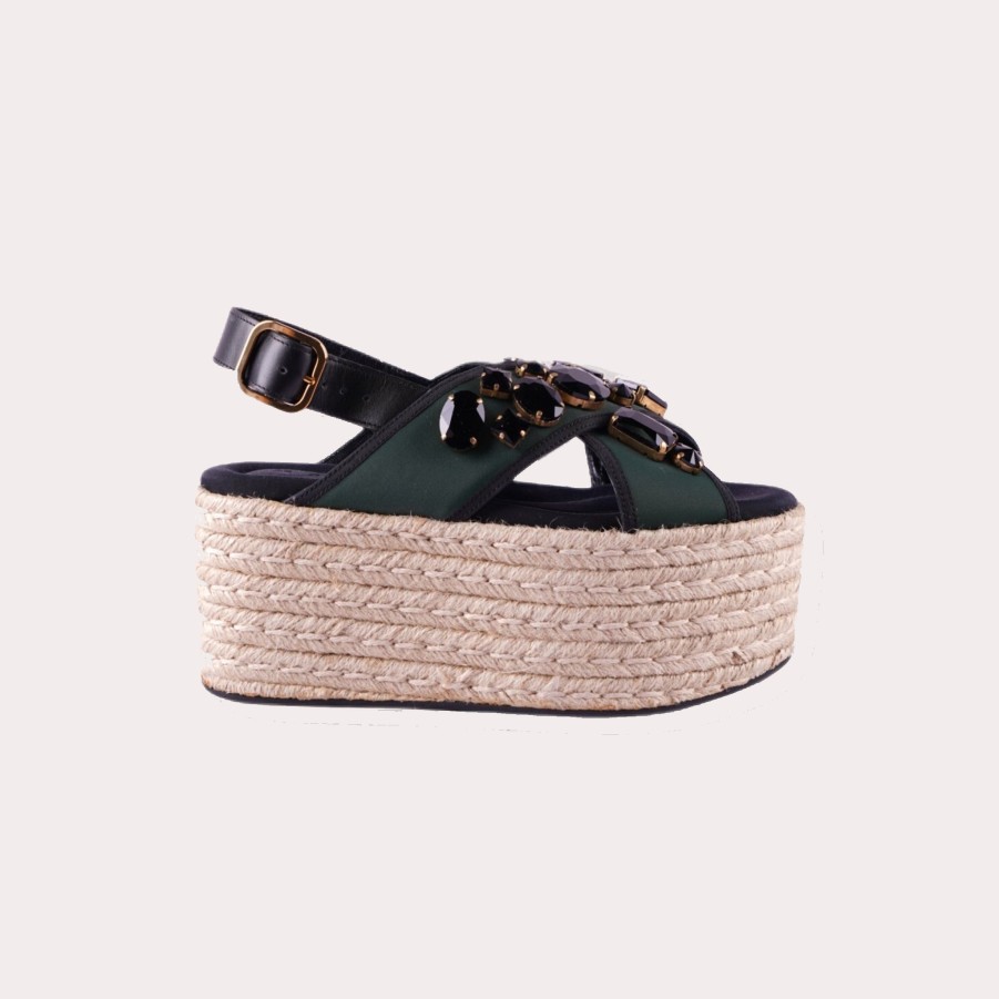 Shoes MARNI | Marni-Jeweled Crisscross Strap Espadrille Platform Sandals In Green