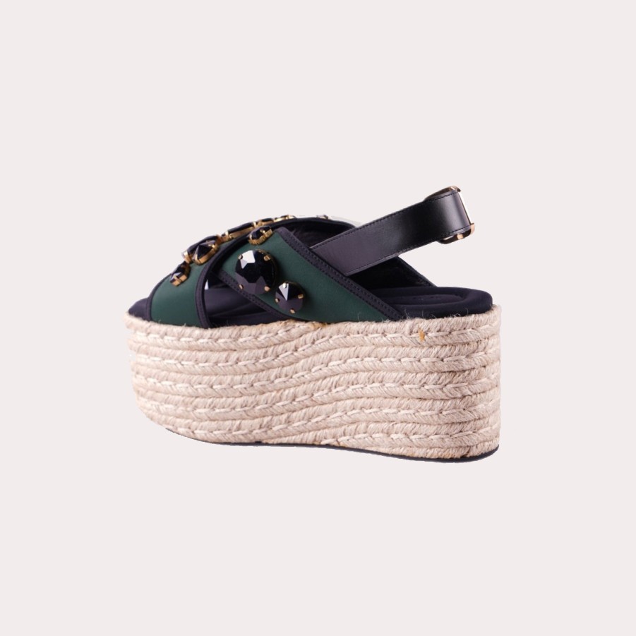 Shoes MARNI | Marni-Jeweled Crisscross Strap Espadrille Platform Sandals In Green