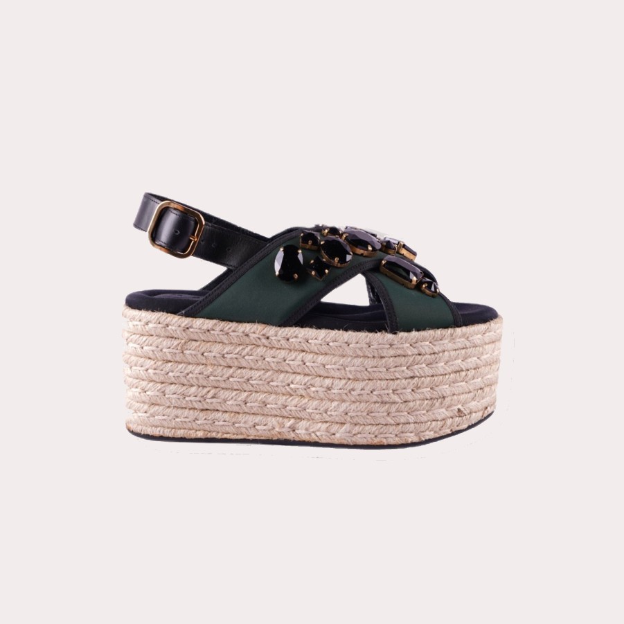 Shoes MARNI | Marni-Jeweled Crisscross Strap Espadrille Platform Sandals In Green