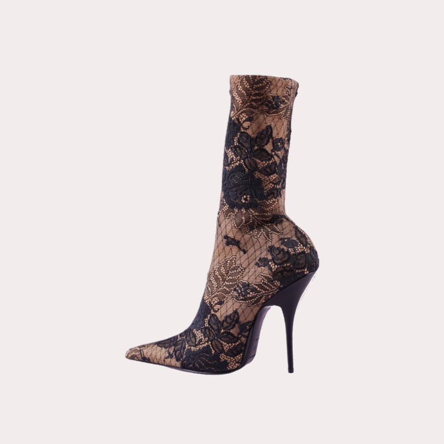 Shoes BALENCIAGA | Balenciaga-Nude With Black Lace Knife Heel Boots